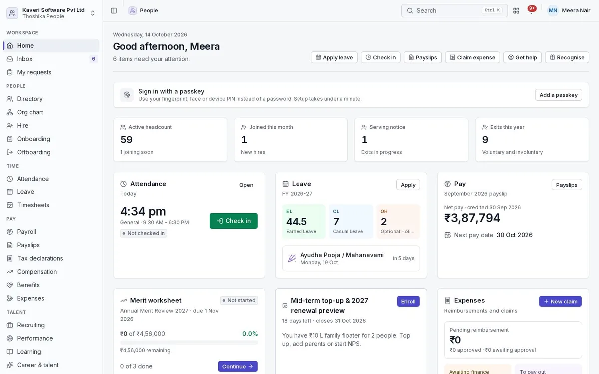 Thoshika People home page for an HR administrator, showing headcount, joiners and exits, today's attendance, leave balances and the latest payslip.
