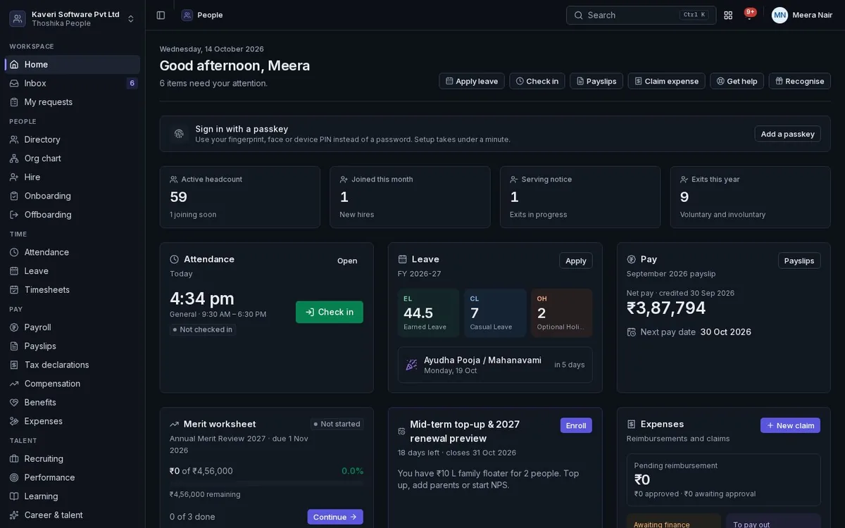 Thoshika People home page for an HR administrator, showing headcount, joiners and exits, today's attendance, leave balances and the latest payslip.
