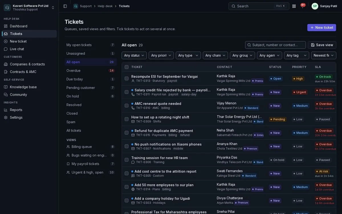 Support tickets list with saved views, filters, contacts, status, priority and SLA timers.