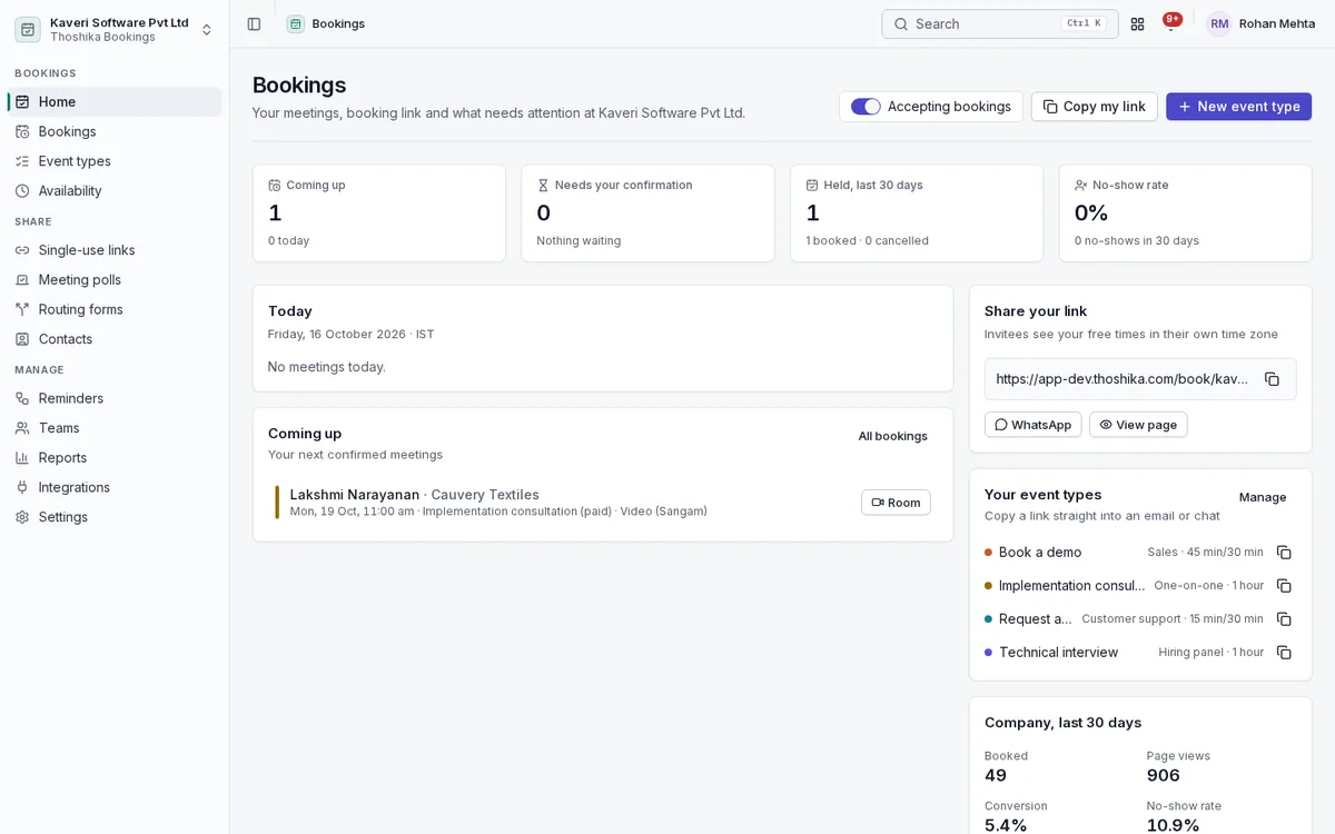 Bookings home with upcoming meetings, confirmations, no-show rate, a shareable booking link and the host’s event types