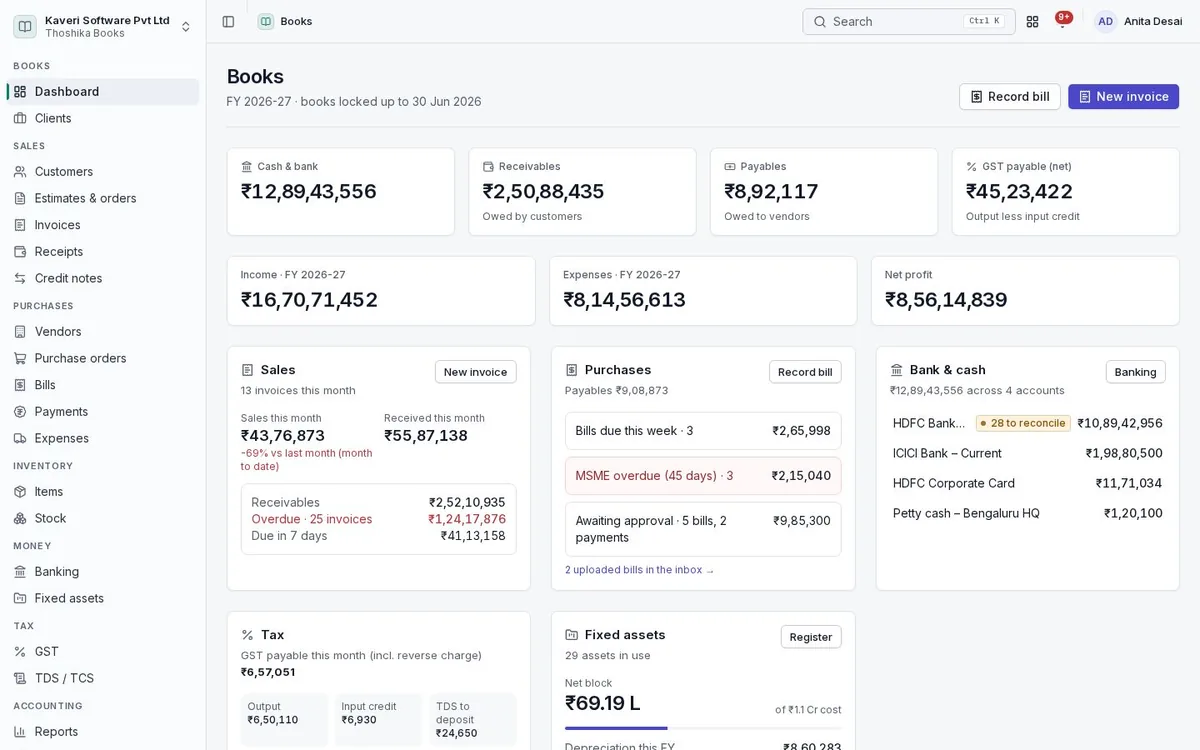 Books dashboard with cash and bank, receivables, payables, tax payable, income, expenses and net profit for the year.