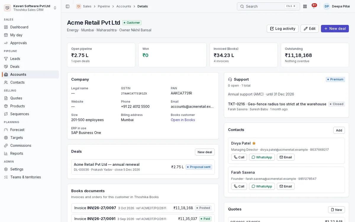Account 360 for a customer with open pipeline, Books invoices, outstanding, contacts and support tickets.