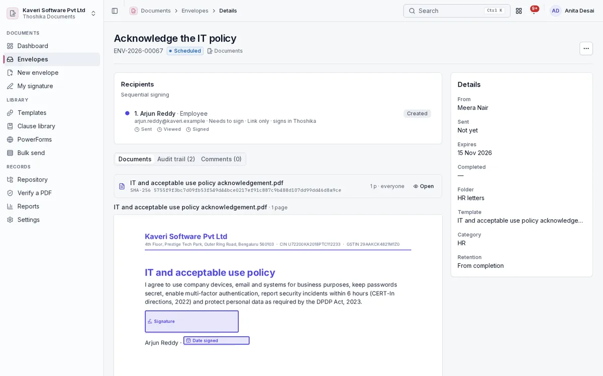 Envelope for an IT policy acknowledgement with recipients, the document hash and signature fields.