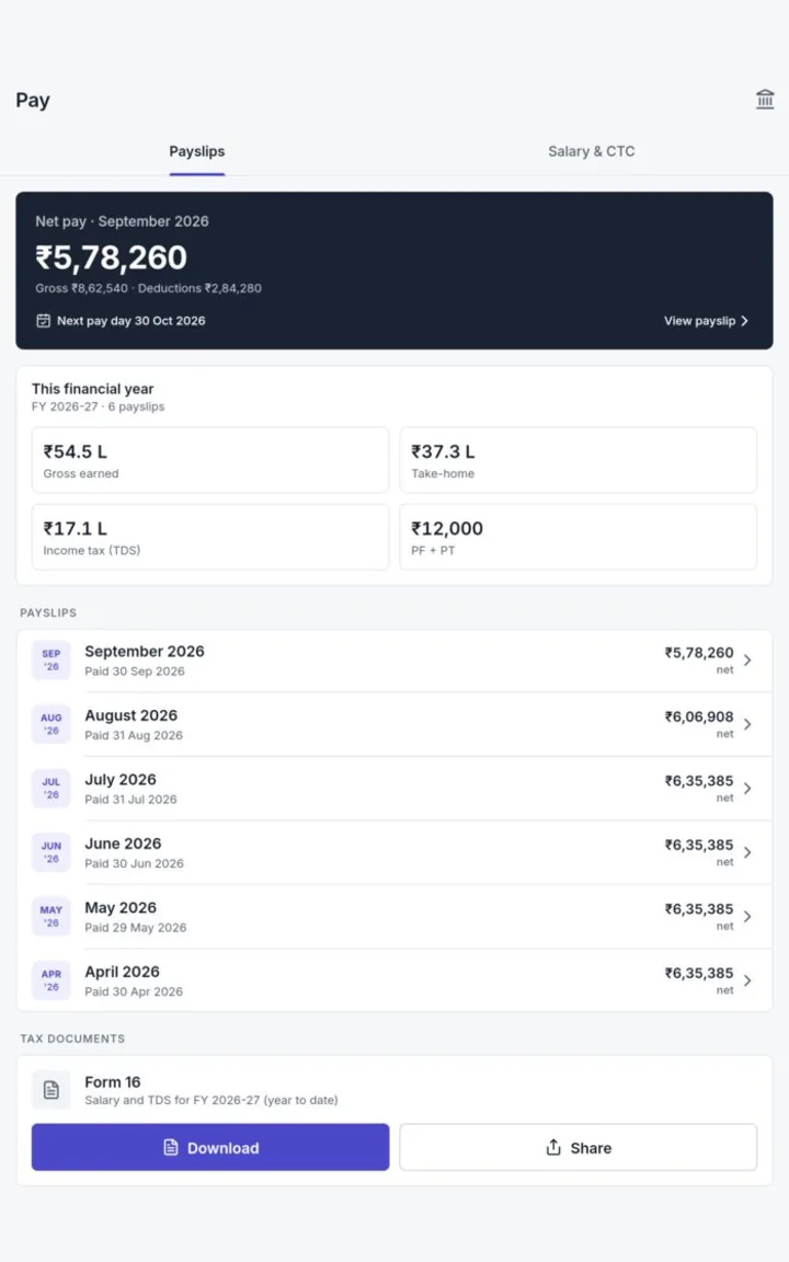 Mobile pay screen showing the latest net pay, earnings and tax for the year and monthly payslips.