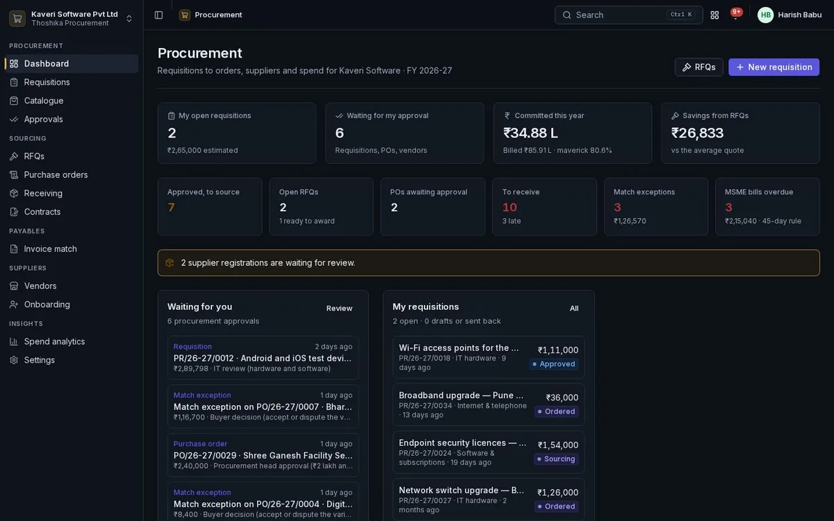 Procurement dashboard: open requisitions, approvals waiting, committed spend, match exceptions and MSME payments due.