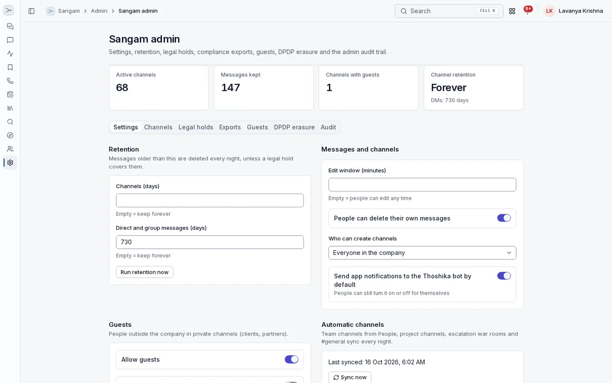 Sangam admin settings with retention, channel creation rules, guests and automatic channels.