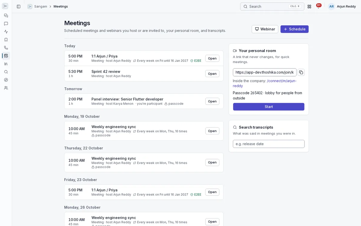 Meetings list with scheduled and recurring meetings, a personal room link and transcript search.
