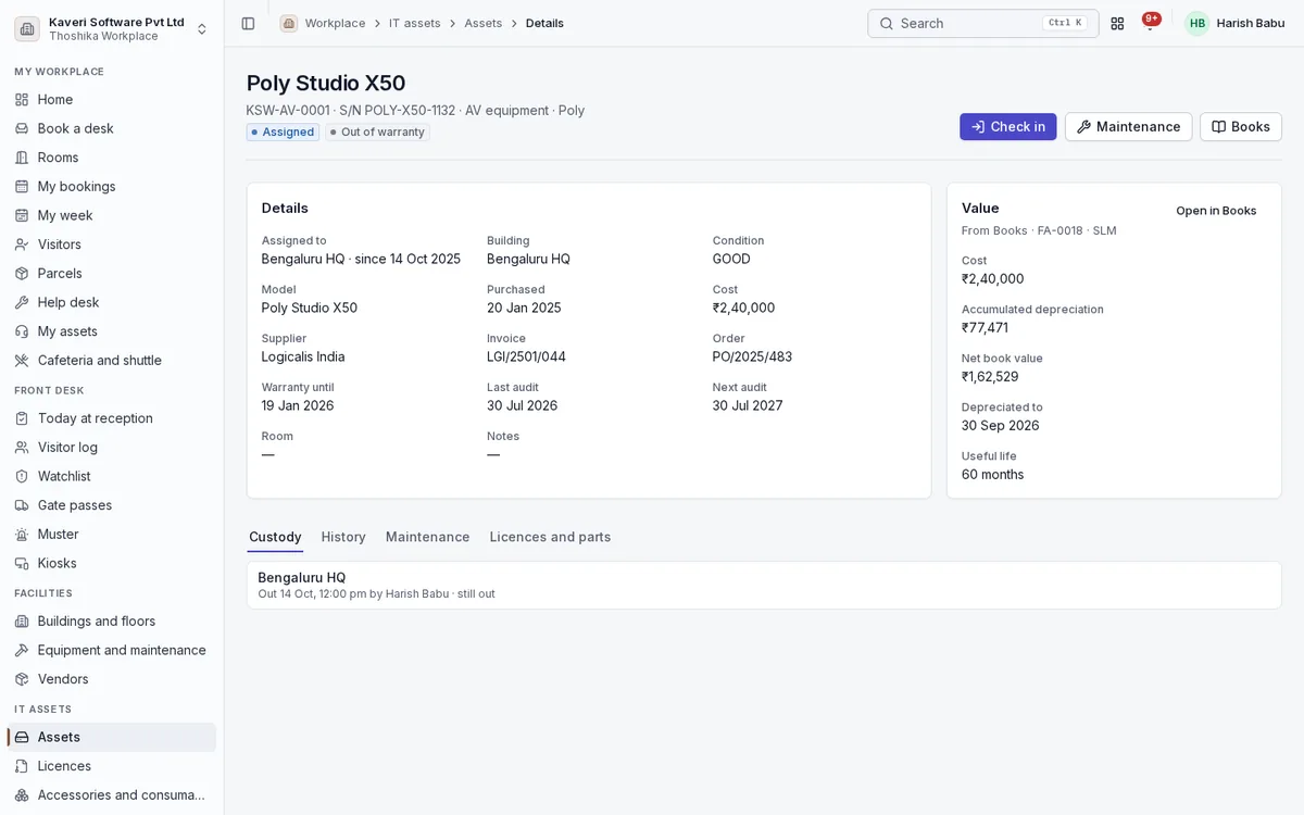 IT asset record with custody, warranty and audit dates and book value from Books.